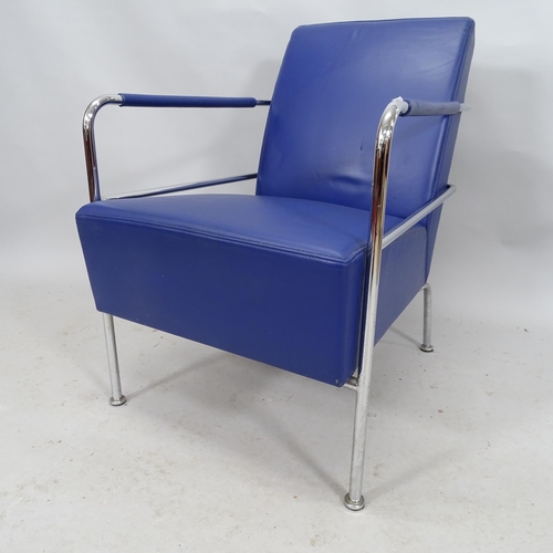 2203 - A Lammhults, Sweden cinema easy chair with blue leather upholstery on chrome tubular frame, maker's ... 