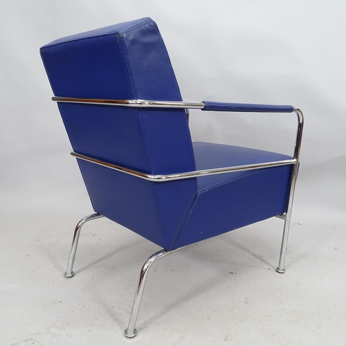 2203 - A Lammhults, Sweden cinema easy chair with blue leather upholstery on chrome tubular frame, maker's ... 