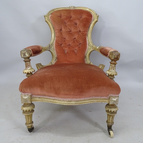 2213 - Victorian mahogany and button-back upholstered open arm chair (A/F)