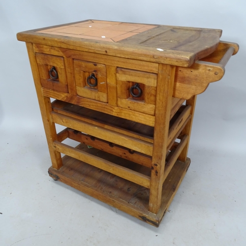 2240 - A contemporary hardwood butcher's block with tiled top and three fitted drawers. 86cm x 86cm x 52cm