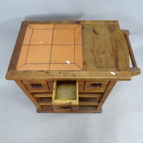 2240 - A contemporary hardwood butcher's block with tiled top and three fitted drawers. 86cm x 86cm x 52cm