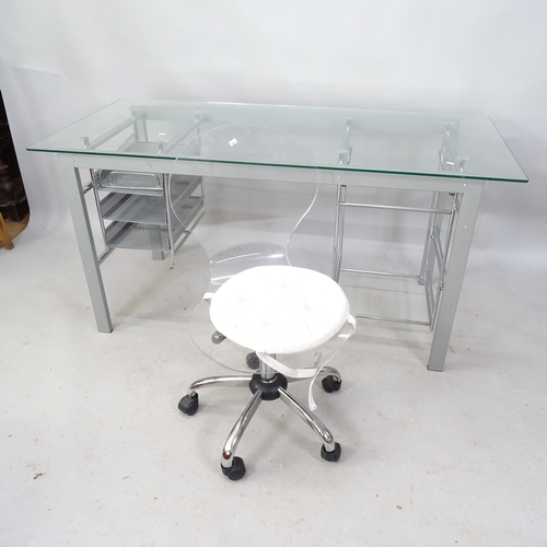 2262 - A modern glass topped desk on part-chromed aluminium tubular base, with 3 filing drawers (151 x 75 x... 