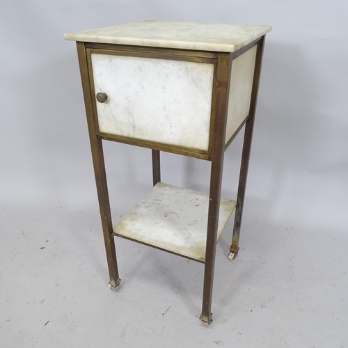 2278 - A marble topped two-tier occasional table with brass frame and single cupboard. 37cm x 81cm