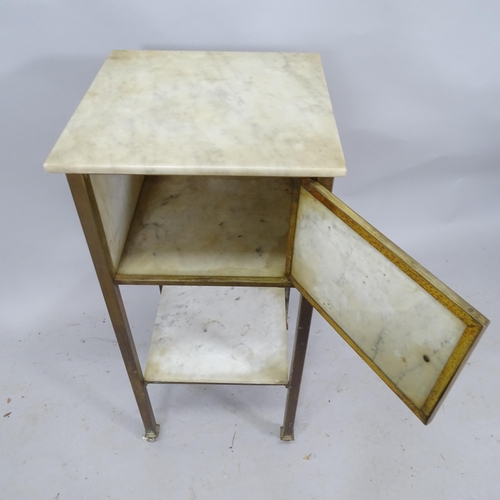 2278 - A marble topped two-tier occasional table with brass frame and single cupboard. 37cm x 81cm