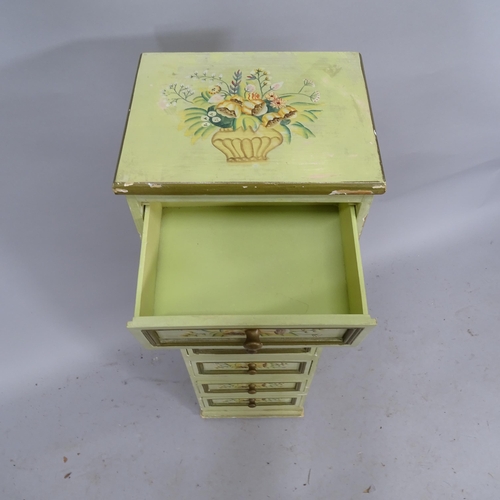 2283 - A narrow painted wooden chest of seven drawers with floral decoration. 28 x 96 x 22 cm.