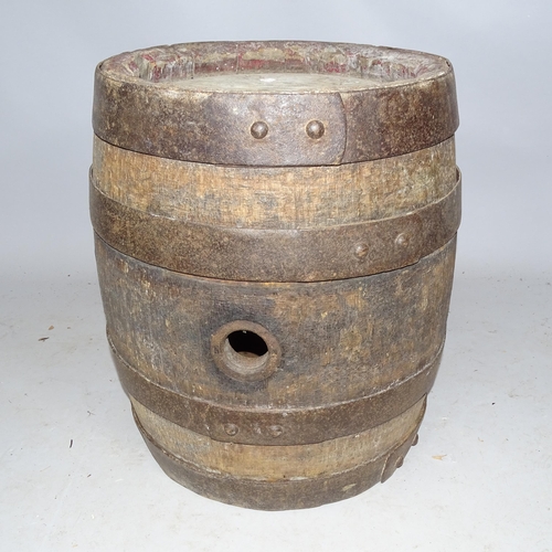2290 - An antique coopered oak barrel, with indistinct impressed mark to lid. 48cm x 54cm
