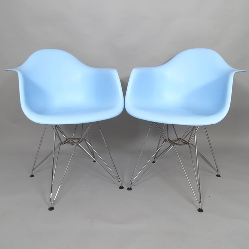 2504 - A pair of blue Eames style plastic shell armchairs on Eiffel base WITH THE OPTION TO PURCHASE THE FO... 