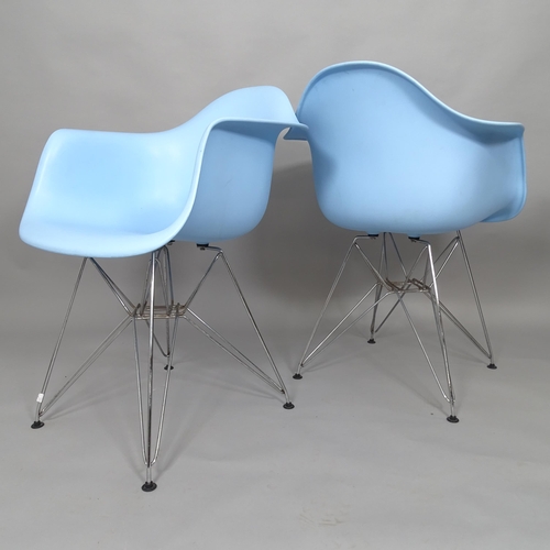 2504 - A pair of blue Eames style plastic shell armchairs on Eiffel base WITH THE OPTION TO PURCHASE THE FO... 