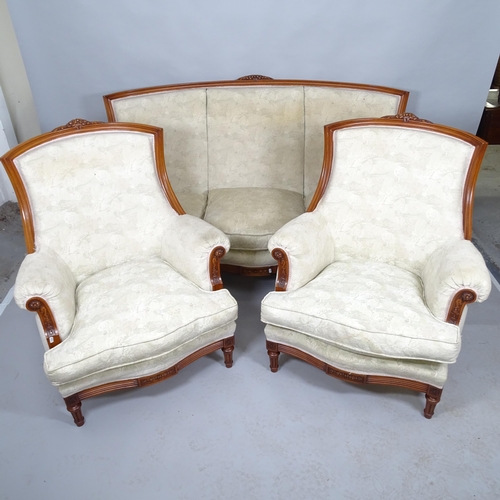 2512 - A contemporary continental-style mahogany three piece suite comprising a three seat sofa, 186cm x 94... 