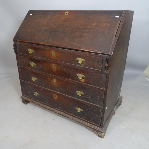 2561 - A Georgian mahogany bureau, the fall-front revealing a fitted interior, with 4 long drawers below, 1... 