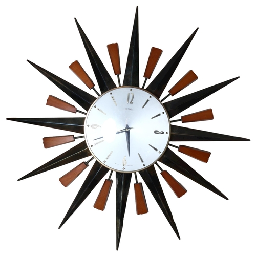 100 - A mid-century Metamac starburst wall clock, with original Kienzle  movement, working order, width 60... 