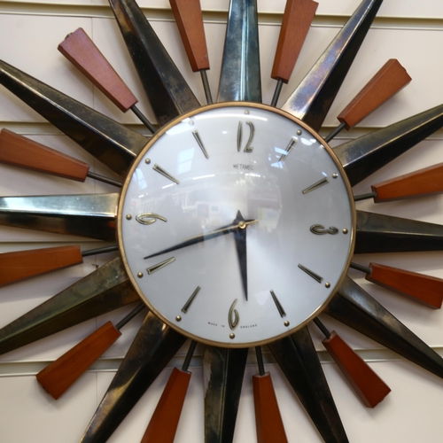 100 - A mid-century Metamac starburst wall clock, with original Kienzle  movement, working order, width 60... 