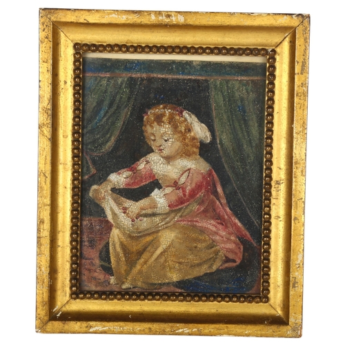 115 - Mid-19th century oil on board portrait of a young girl, indistinct inscription verso dated 1850, ori... 