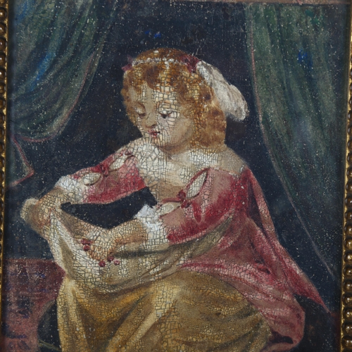 115 - Mid-19th century oil on board portrait of a young girl, indistinct inscription verso dated 1850, ori... 