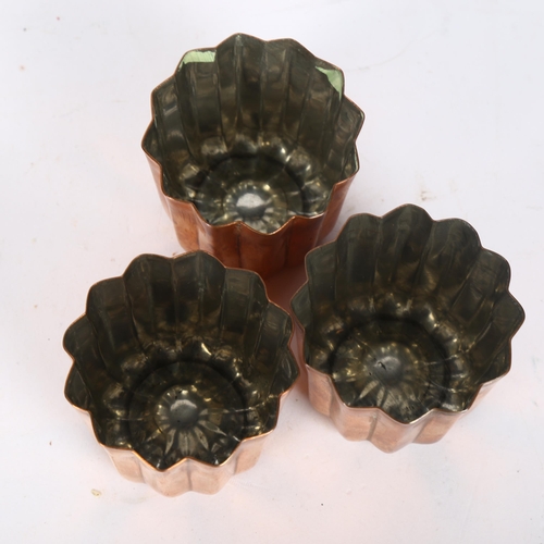 120 - 3 small fluted copper jelly moulds, diameter 5.5cm, height 5.cm