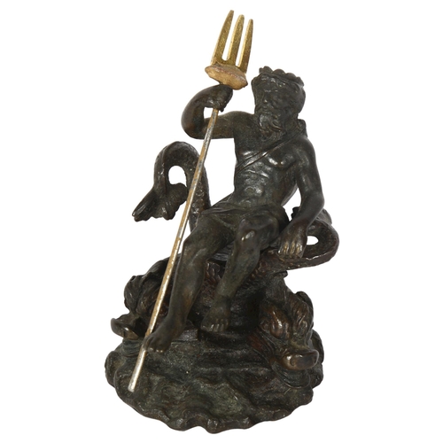 122 - A miniature bronze study of Neptune, sitting on a double sea serpent base, height 8cm