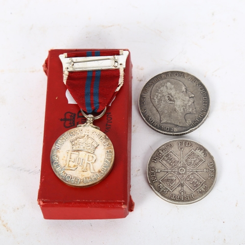 123 - An Edward VII silver crown 1902, a Victorian silver double florin 1889, and a Queen Elizabeth II 195... 