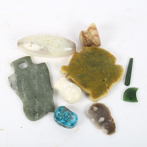 136 - Various pre-Columbian stones, scarab, oval Chinese jade etc