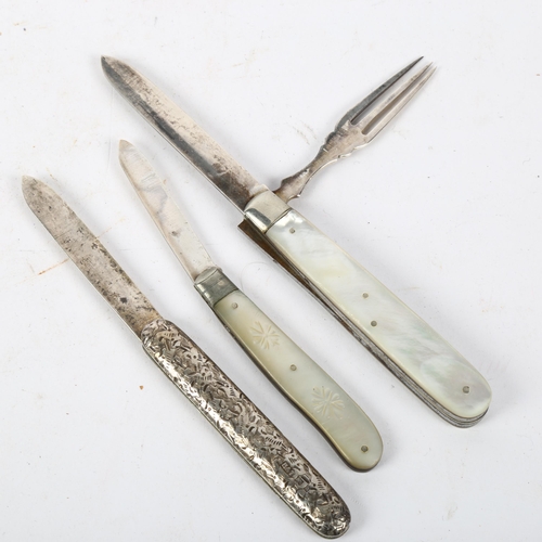 137 - A silver-bladed knife and fork set with mother-of-pearl handle, in original leather case, and 2 othe... 