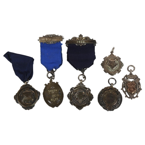 141 - 6 various silver presentation fobs, 3 with ribbons, dated 1923, '22