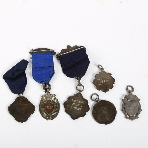 141 - 6 various silver presentation fobs, 3 with ribbons, dated 1923, '22
