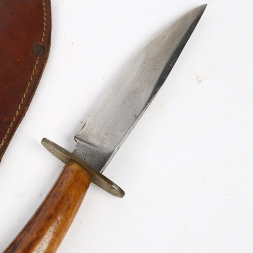 145 - ROWBOTHAM - an Antique horn-handled knife with leather scabbard, length 20cm