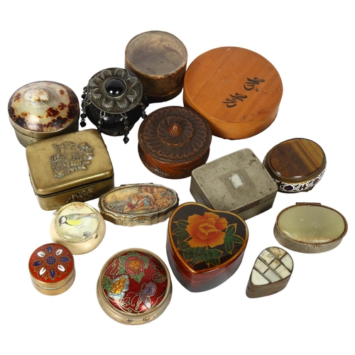 156 - A collection of miniature boxes, to included tigers eye, a Japanese brass box, treen etc