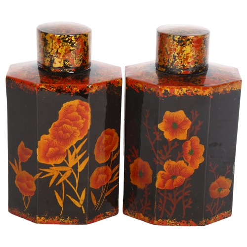 165 - A pair of Oriental black lacquered caddies with lids, with floral decoration, height 16cm