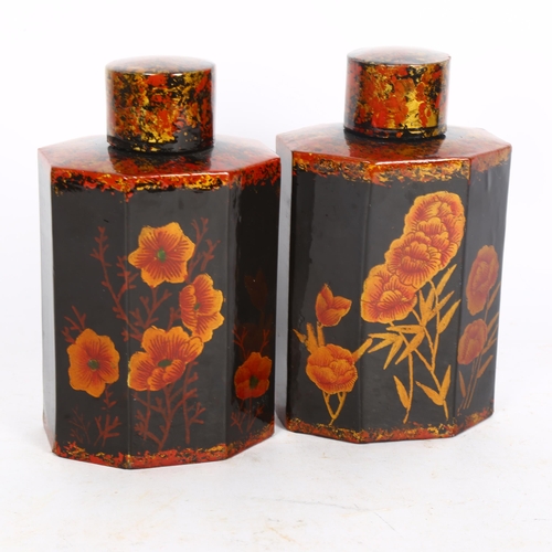 165 - A pair of Oriental black lacquered caddies with lids, with floral decoration, height 16cm