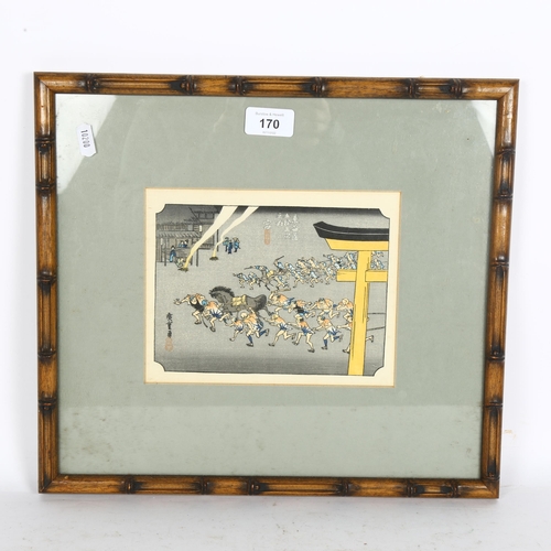 170 - A Chinese coloured print, charging figures, in faux bamboo frame