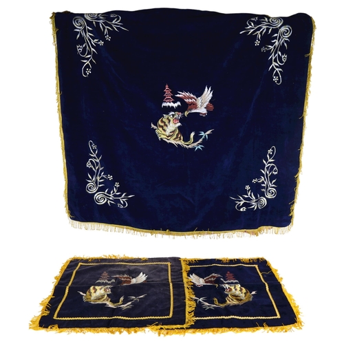 171 - A pair of Chinese silk embroidered cushion covers and matching table cloth, on blue ground, with fig... 