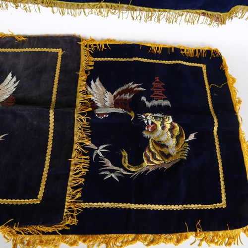 171 - A pair of Chinese silk embroidered cushion covers and matching table cloth, on blue ground, with fig... 