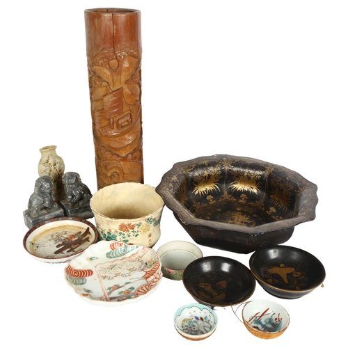 172 - A group of Oriental items, including a bamboo brush pot, a gilded and lacquered papier mache bowl, a... 