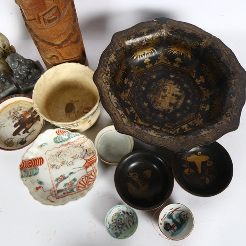 172 - A group of Oriental items, including a bamboo brush pot, a gilded and lacquered papier mache bowl, a... 