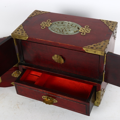 180 - 2 Oriental design trinket/jewellery boxes, with tray and drawer fittings and inset pierced jade pane... 