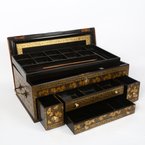 7 - An Antique Anglo-Indian lacquered jewel box, with rising lid and fitted drawers, with allover gilded... 