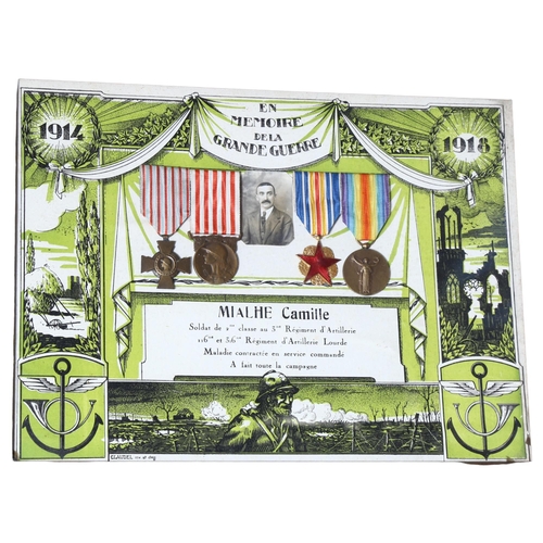 99 - A group of 4 French Great War medals to Camille Mialhe, mounted in original carved walnut frame