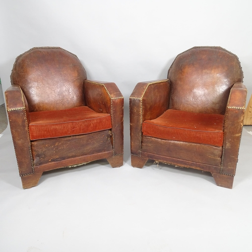 2625 - A pair of French leather Art Deco armchairs, 76 x 90 x 84cm, seat 54 x 44 x 55cm