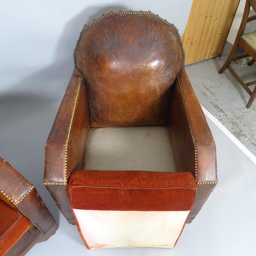 2625 - A pair of French leather Art Deco armchairs, 76 x 90 x 84cm, seat 54 x 44 x 55cm