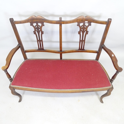 2534 - An antique mahogany and upholstered Chippendale-style settee bench, 111cm x 89cm x 45cm