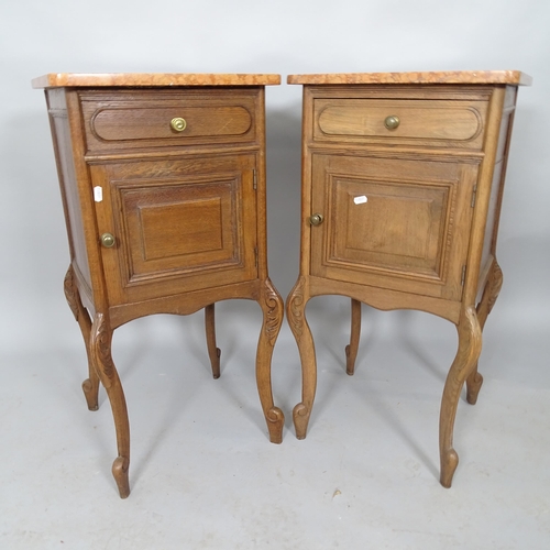 2543 - A matched pair of French oak pot cupboards with alabaster tops. 40cm x 82xm