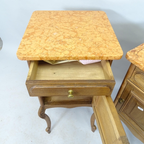 2543 - A matched pair of French oak pot cupboards with alabaster tops. 40cm x 82xm