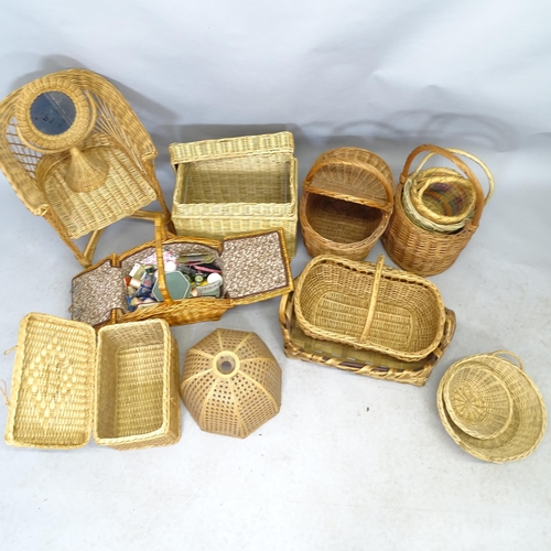 2562 - Various wicker baskets including a sewing basket and contents, a mirror, a child's chair etc.