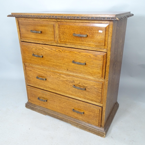 2568 - An early 20th century oak chest of 2 short and 3 long drawers, with carved decoration, 98 x 101 x 52... 