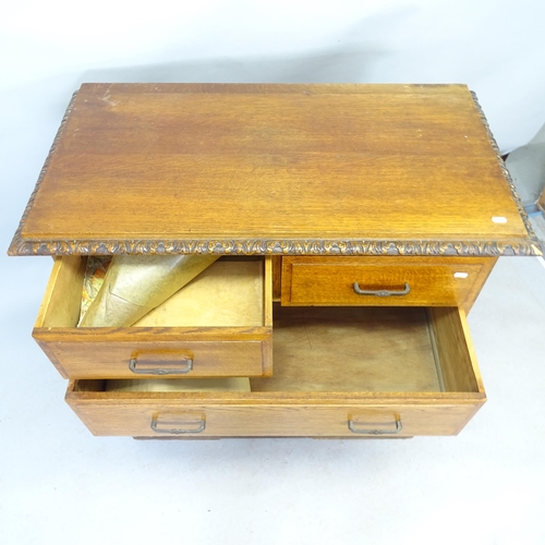 2568 - An early 20th century oak chest of 2 short and 3 long drawers, with carved decoration, 98 x 101 x 52... 