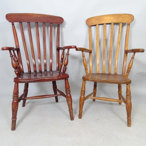 2584 - Two similar antique elm-seated Windsor kitchen armchairs.