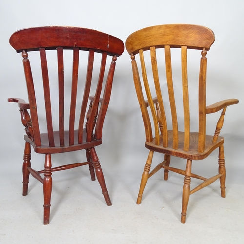 2584 - Two similar antique elm-seated Windsor kitchen armchairs.