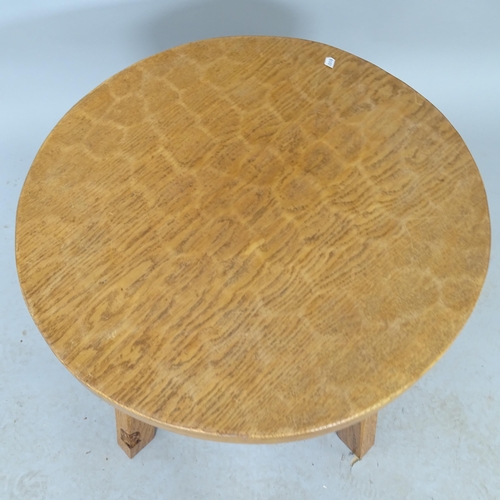 2588 - An oak circular coffee table by Thomas Gnomeman Whittaker with carved gnome to leg. 56cm x 43cm