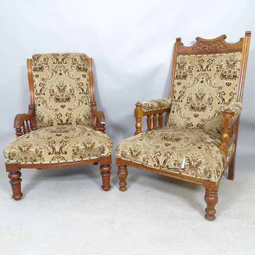 2591 - A his and hers pair of Arts and Crafts oak and upholstered lounge chairs