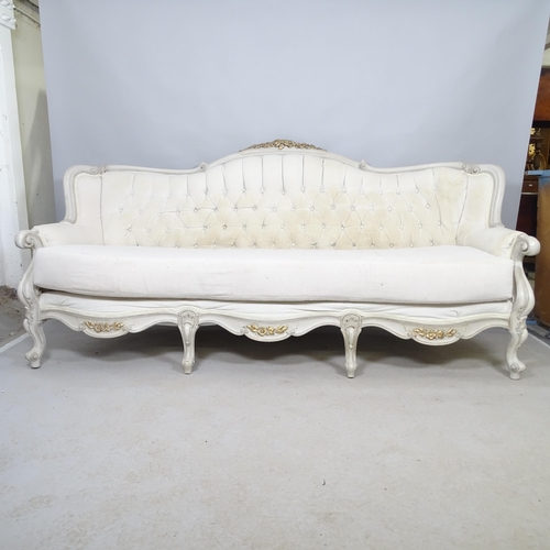 2602 - A modern painted wood and upholstered louis XV style salon settee. Overall 215cm x 105cm x 102cm